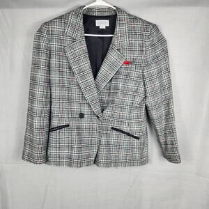 Glimor Women's Plaid Blazer Size 16 Black White Red Wool Blend Single Button